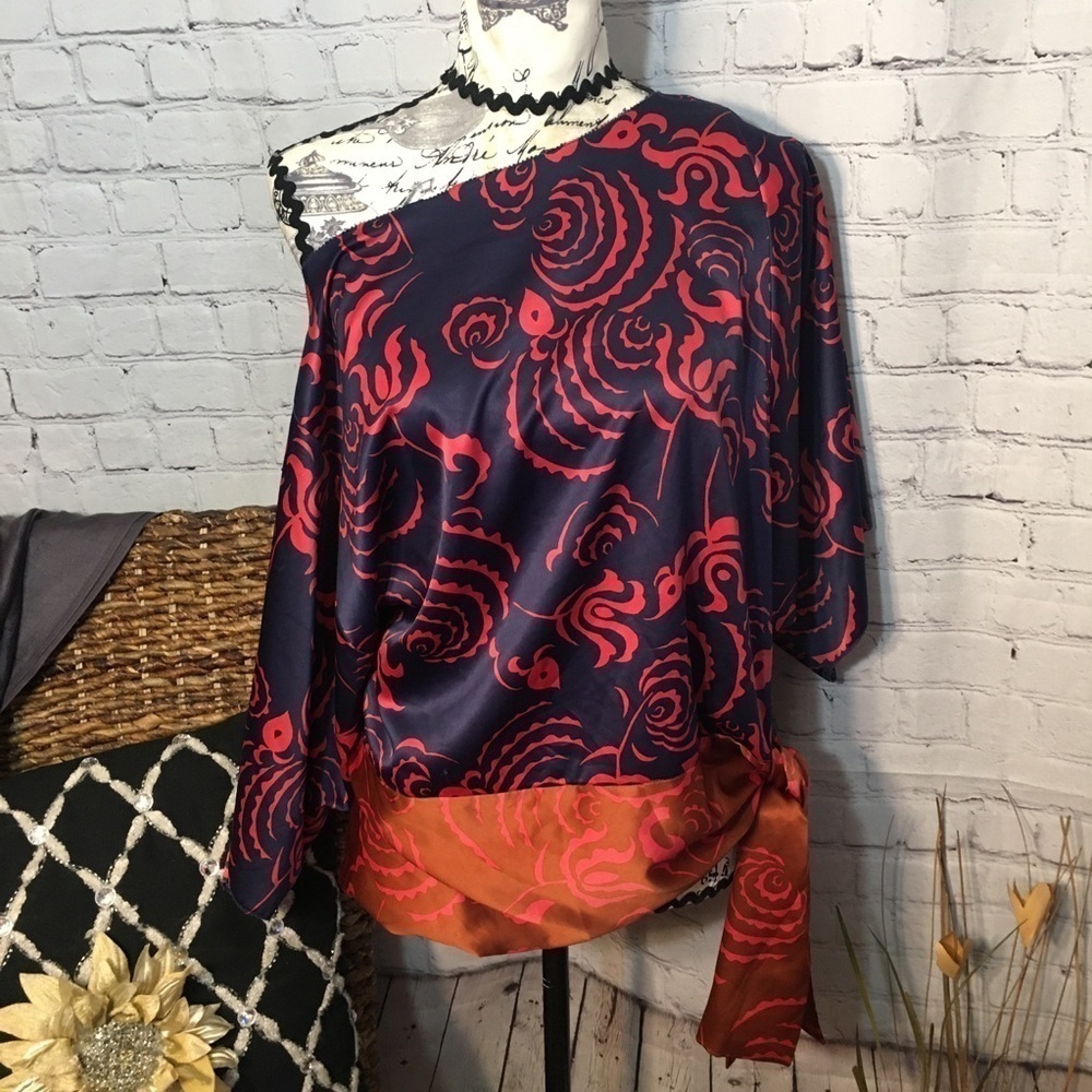 No brand satin poly side tie waist blouse